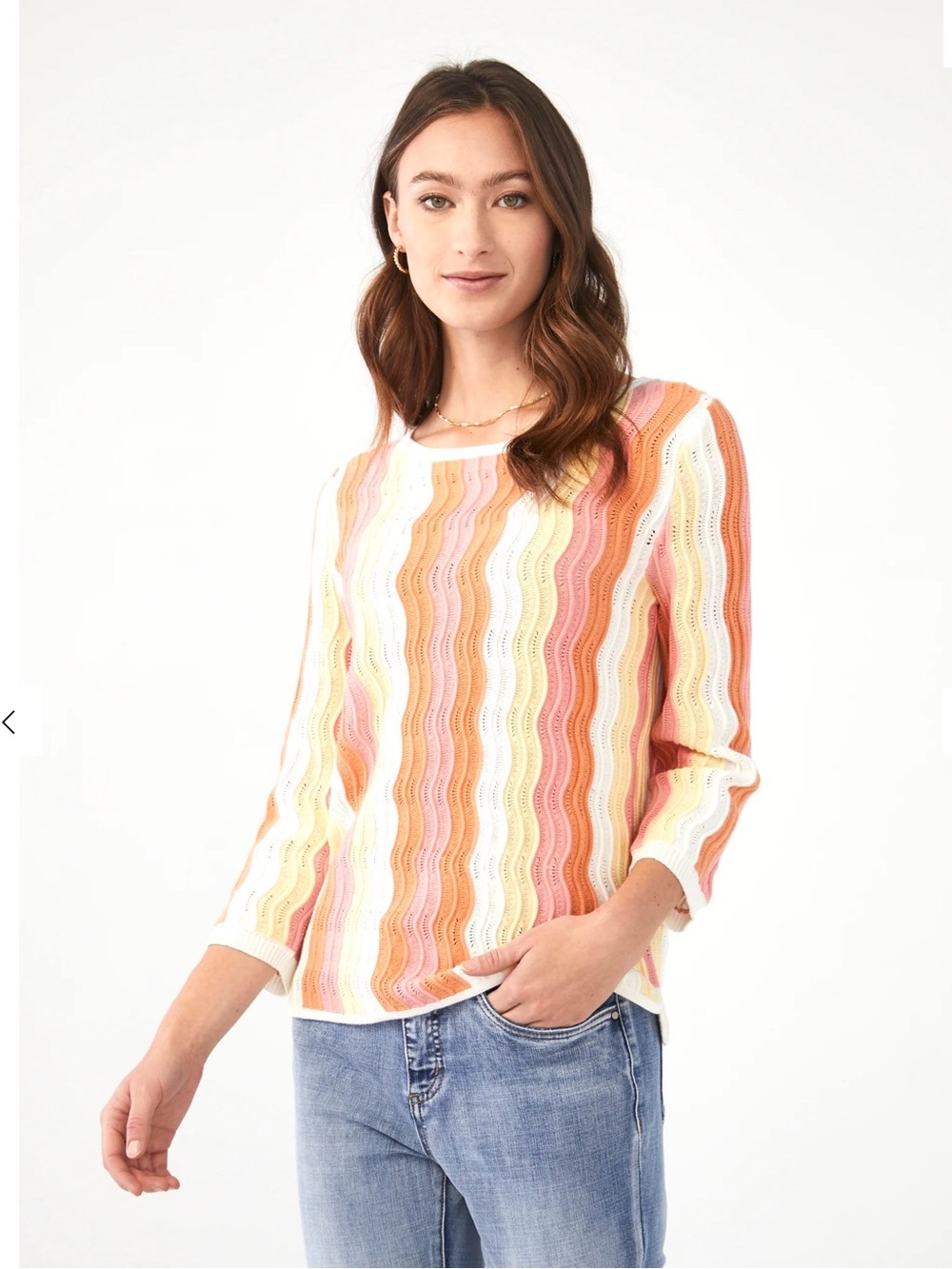 NWT FDJ 3/4 Sleeve Pointelle Textured Stripe Knit Top